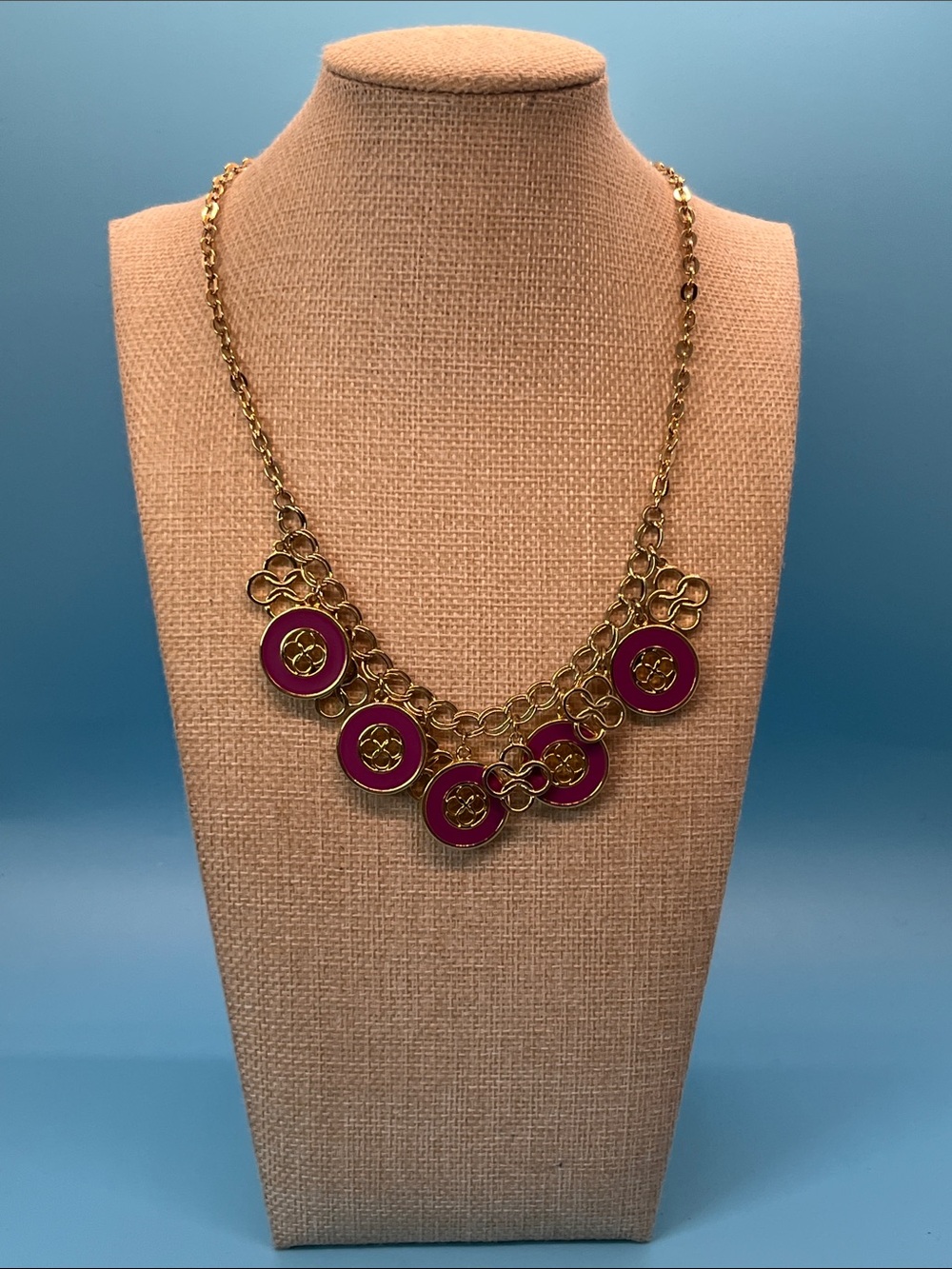 #0002. Erica Lyons Gold-Tone Necklace with Fuchsia Enamel Discs